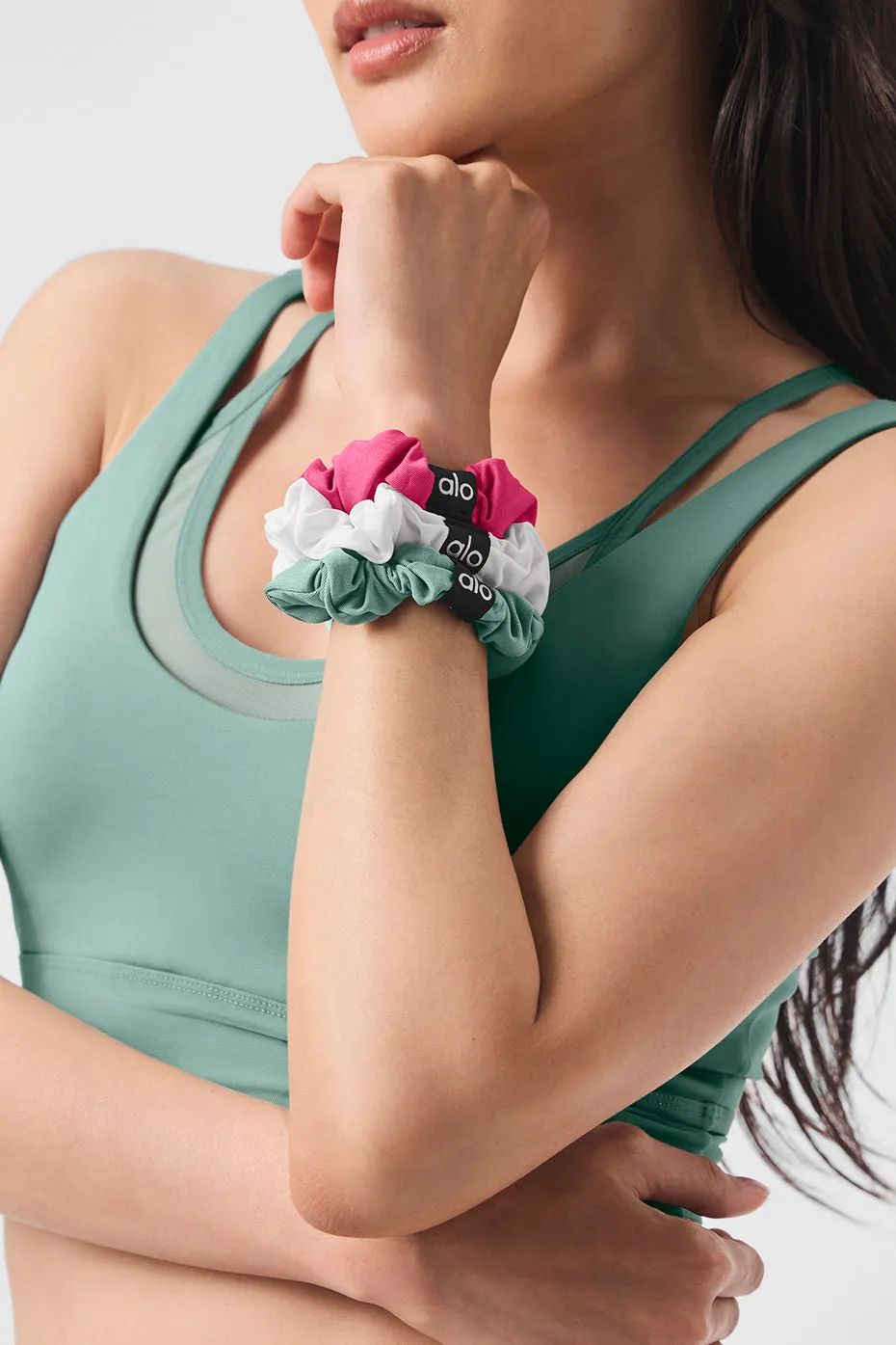 Fresh Mini Scrunchie 3-Pack - Pink Summer Crush/White/Botanical Green sold by Alo Yoga product image thumbnail 2