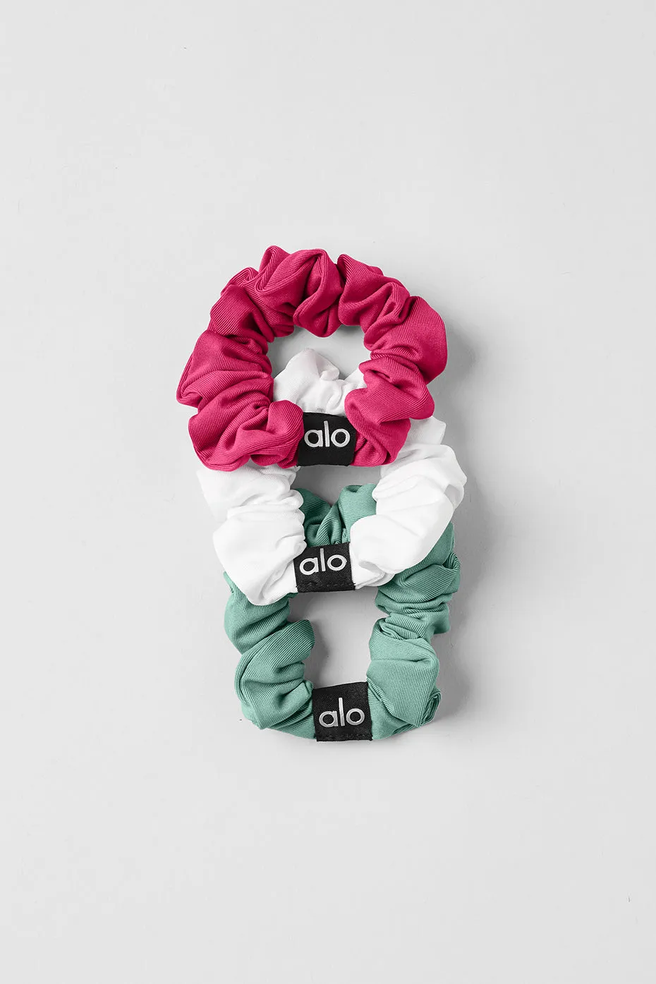 Fresh Mini Scrunchie 3-Pack - Pink Summer Crush/White/Botanical Green sold by Alo Yoga