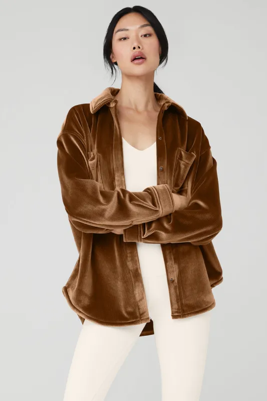 Ribbed Velour Mountain Side Shacket - Cinnamon Brown sold by Alo Yoga