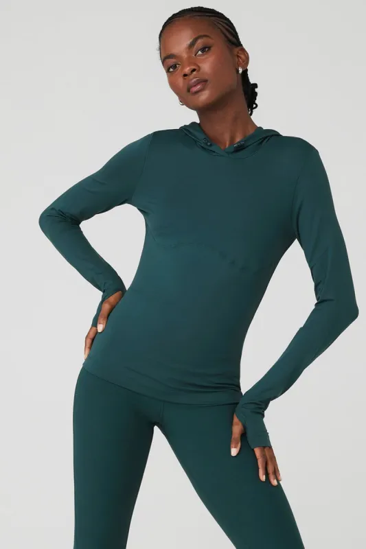 Alosoft Hooded Runner Long Sleeve - Midnight Green sold by Alo Yoga