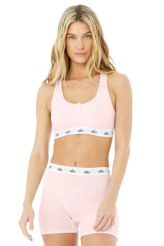 Icon Ribbed Henley Bra - Powder Pink sold by Alo Yoga