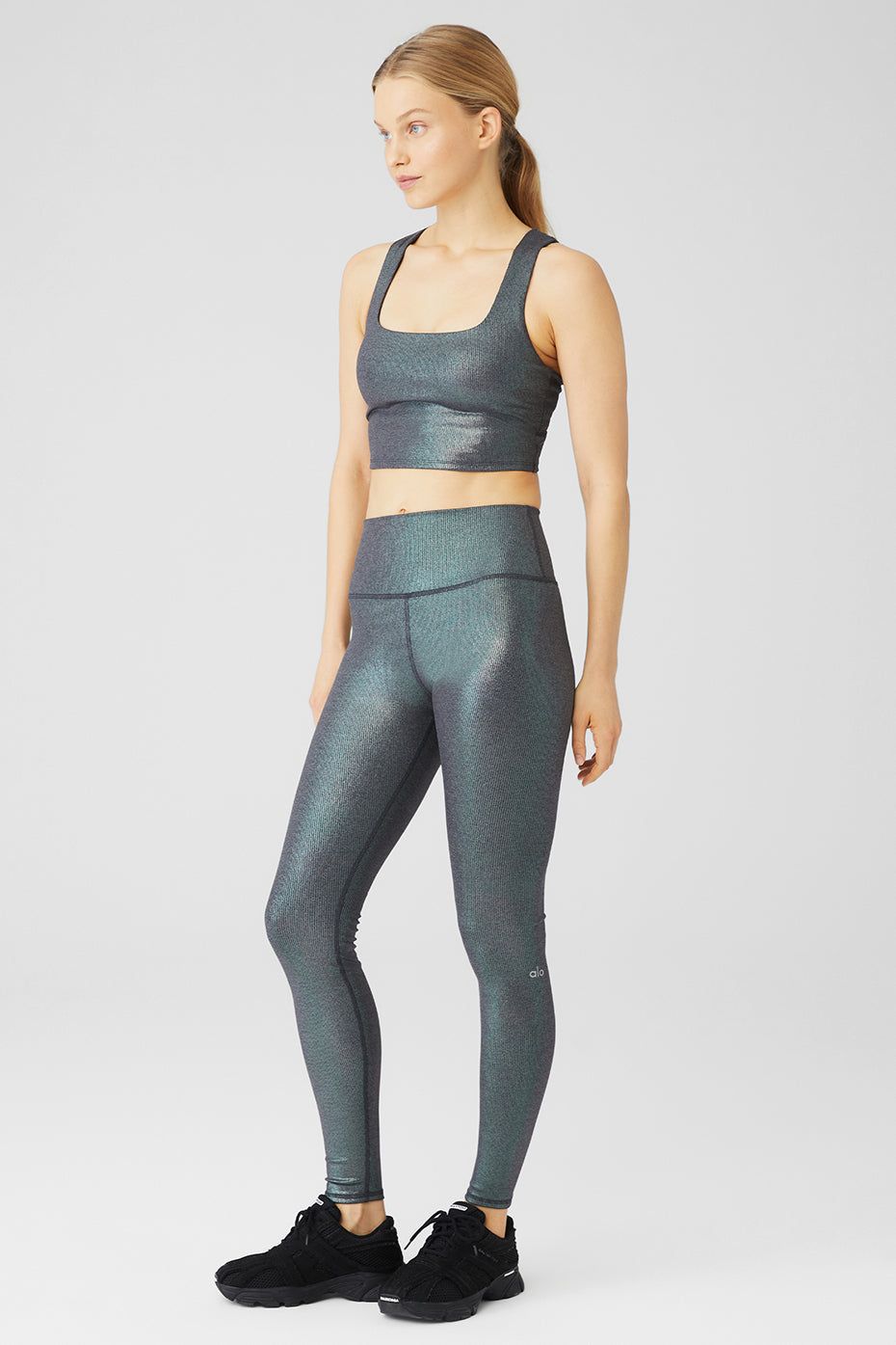 Alosoft Ribbed Shimmer Chic Bra Tank & Alosoft Ribbed High-Waist Shimmer Legging Set - Dark Grey Iridescent sold by Alo Yoga product image thumbnail 3