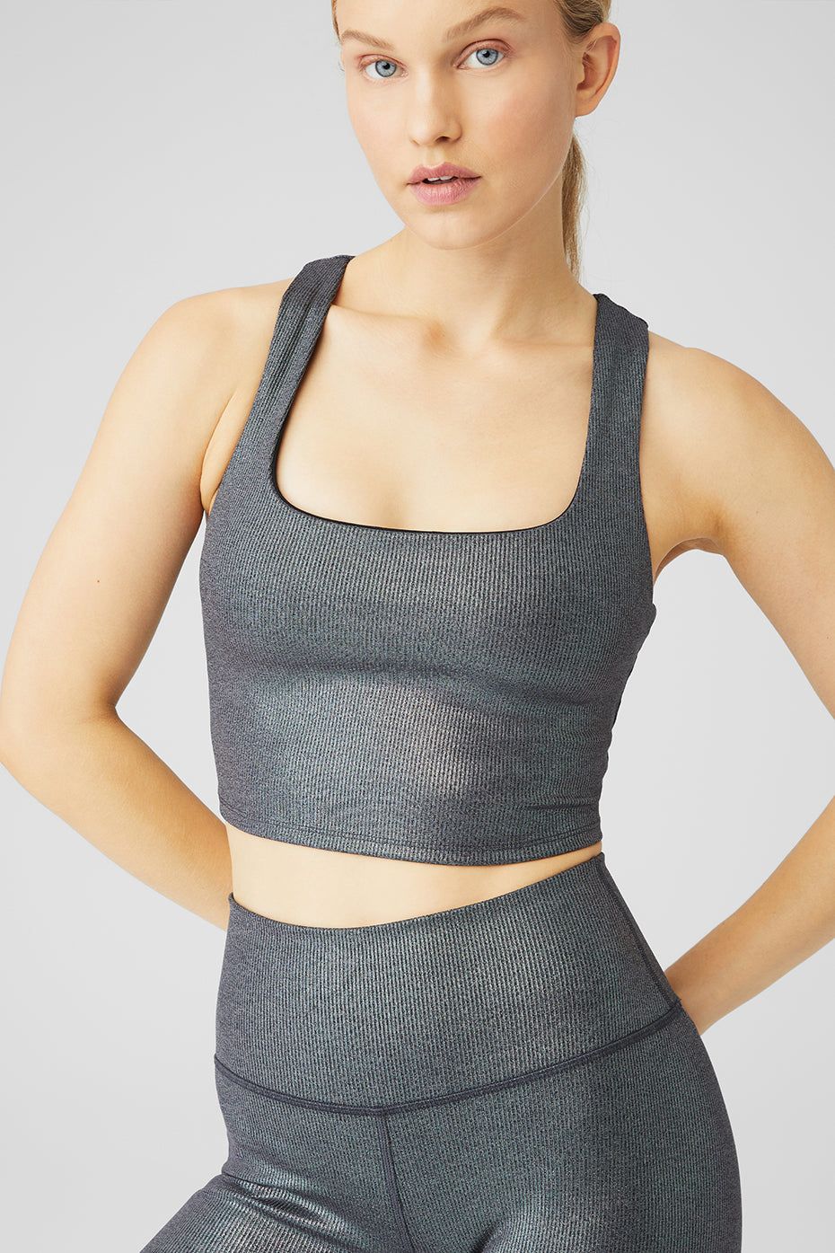 Alosoft Ribbed Shimmer Chic Bra Tank & Alosoft Ribbed High-Waist Shimmer Legging Set - Dark Grey Iridescent sold by Alo Yoga product image thumbnail 4