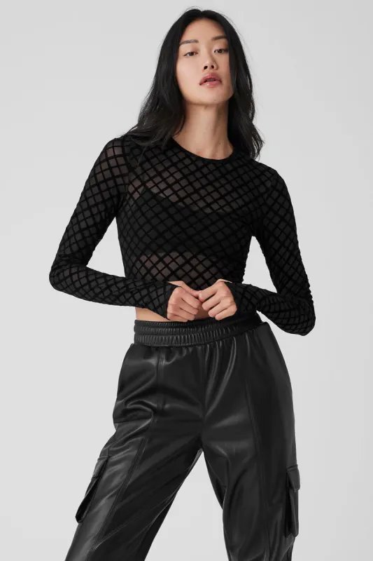 Mesh Plaid Cropped Long Sleeve Top - Black sold by Alo Yoga