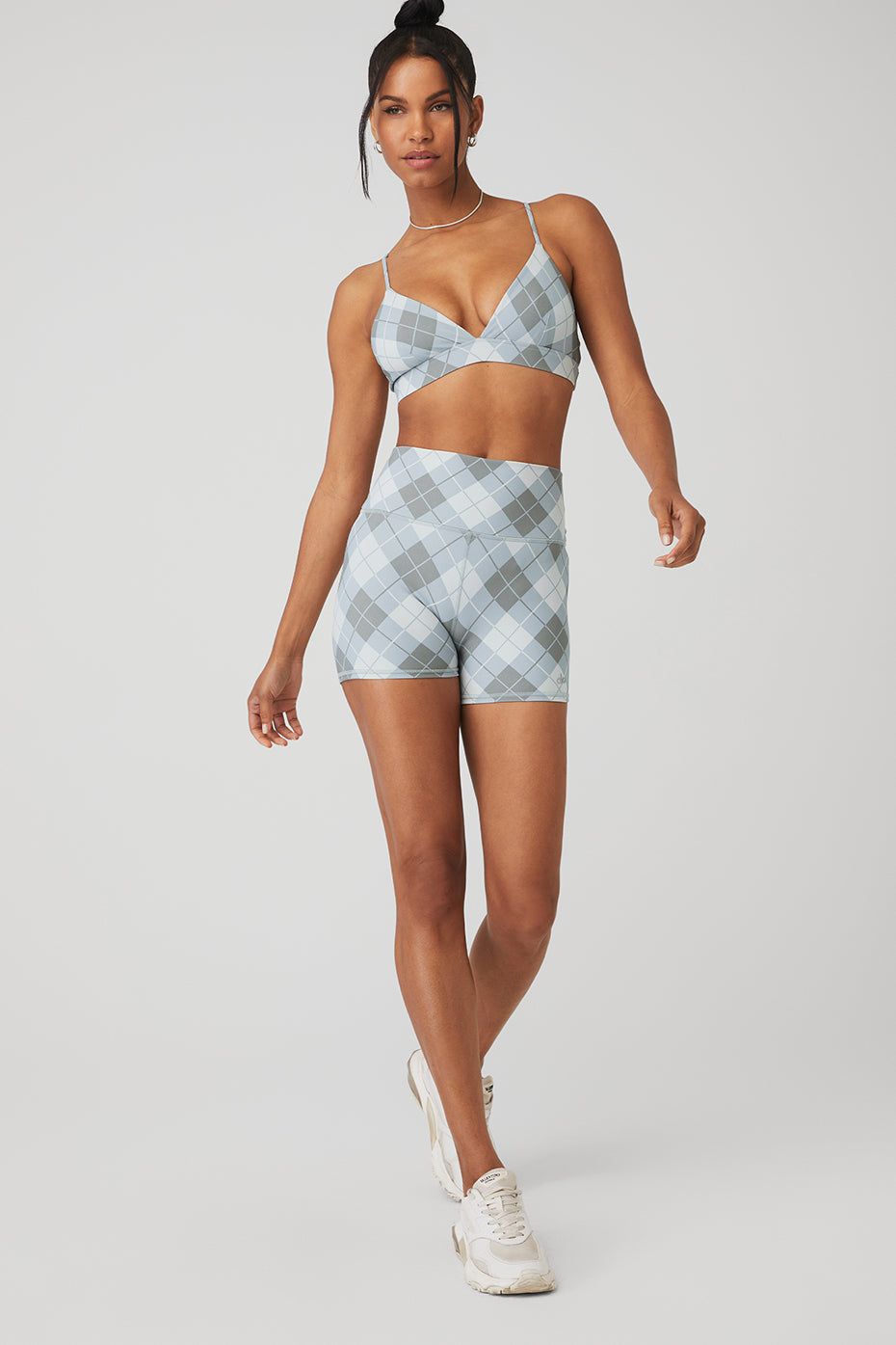 Vapor Argyle Splendor Bra & Vapor High-Waist Argyle Short Set - Gravel/Titanium sold by Alo Yoga