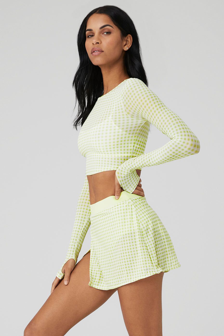 Mesh Gingham Cropped Long Sleeve - Iced Green Tea sold by Alo Yoga product image thumbnail 3