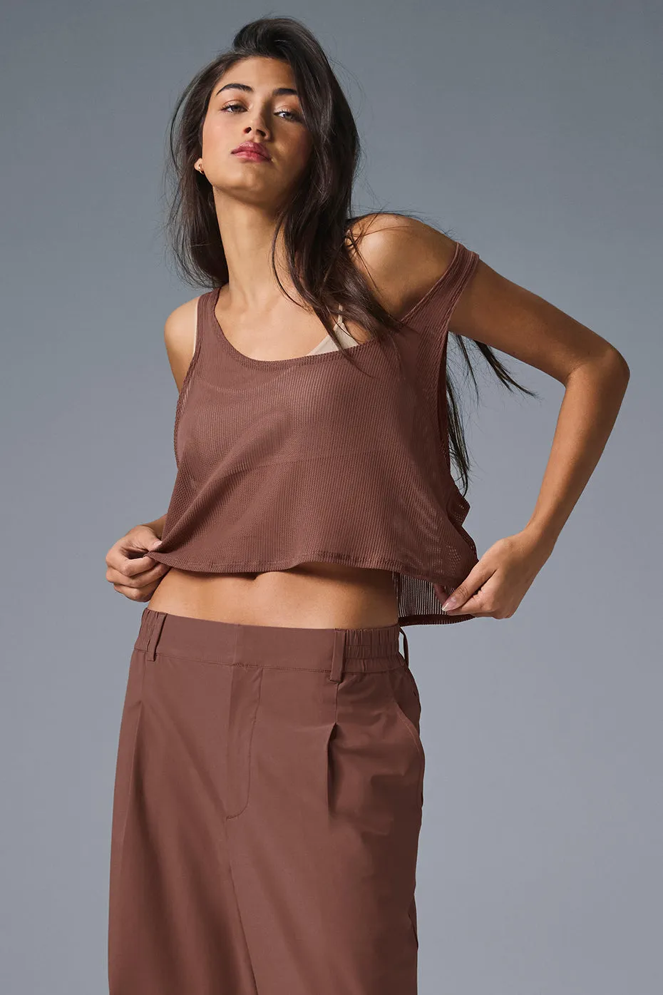 Striped Mesh Tropical Nights Tank - Chestnut sold by Alo Yoga