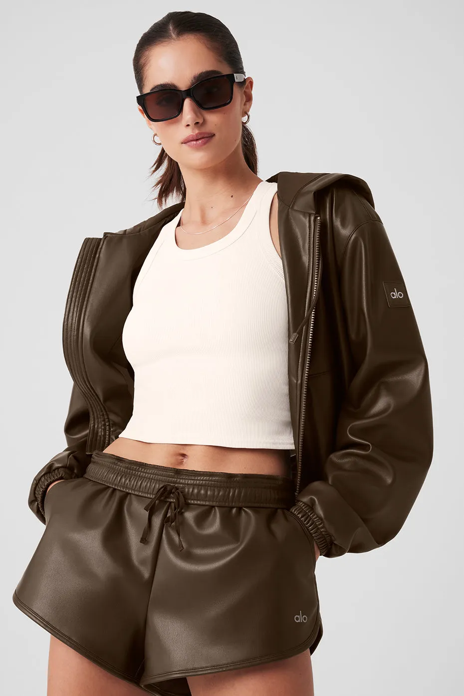 Faux Leather Power Hour Full Zip Cropped Jacket - Espresso sold by Alo Yoga product image thumbnail 5