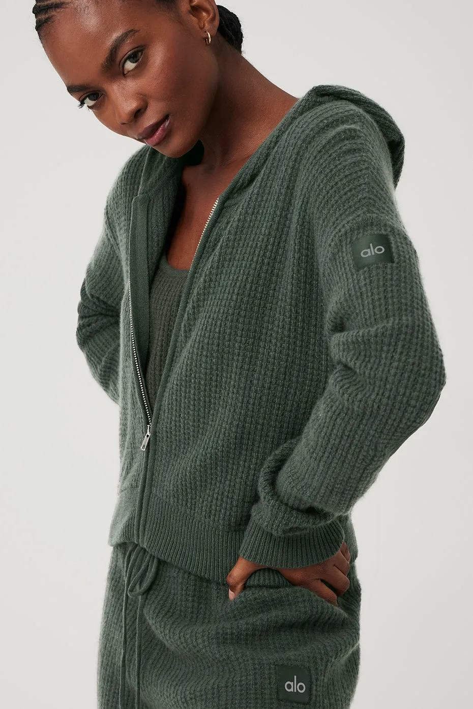 Cashmere Plush Waffle Full Zip Hoodie - Dark Cactus sold by Alo Yoga product image thumbnail 5