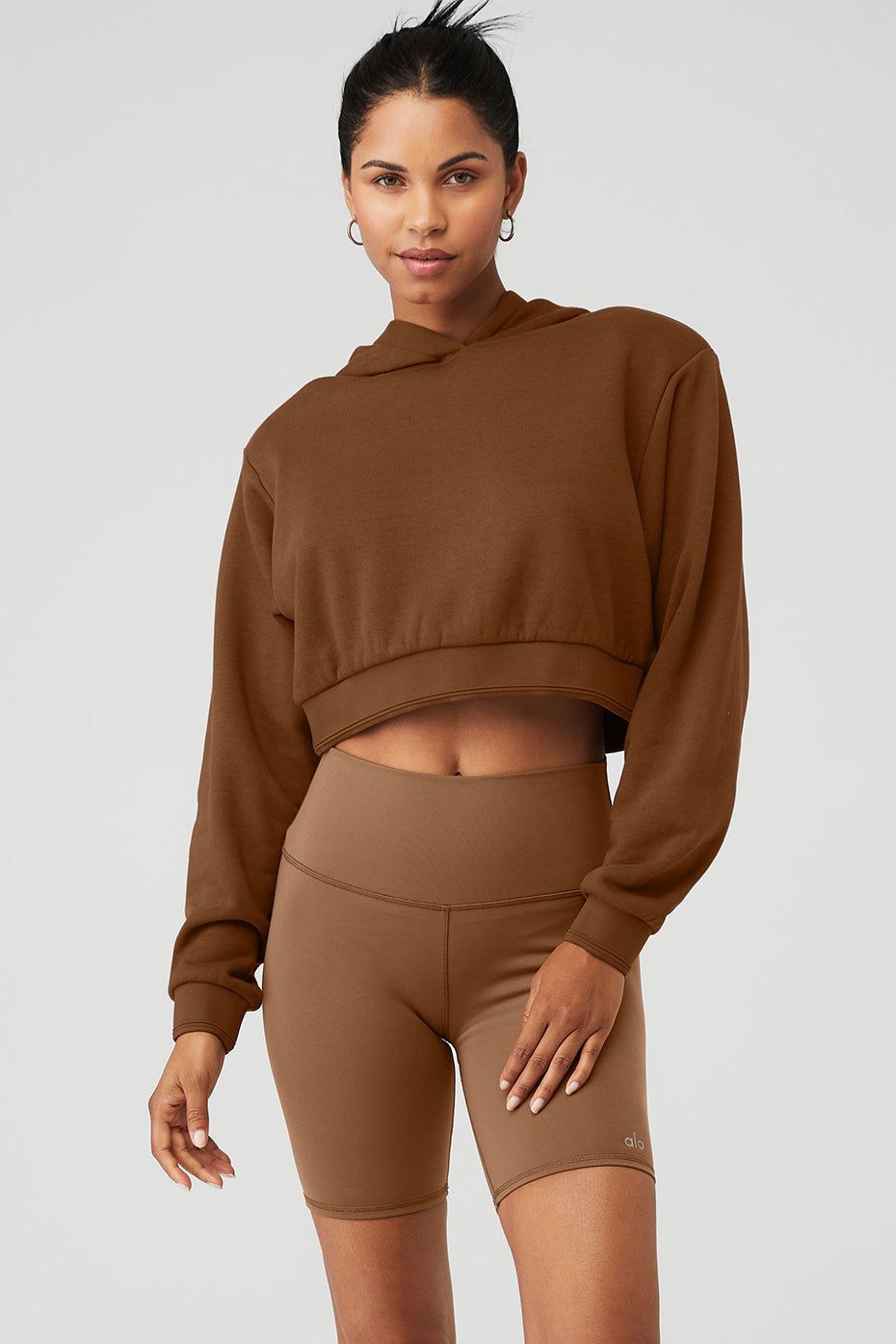 Cropped Headliner Shoulder Pad Hoodie - Cinnamon Brown sold by Alo Yoga