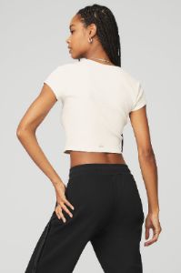 Ribbed Cropped Savvy Short Sleeve - Ivory sold by Alo Yoga