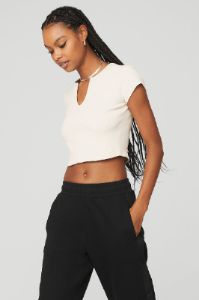 Ribbed Cropped Savvy Short Sleeve - Ivory sold by Alo Yoga
