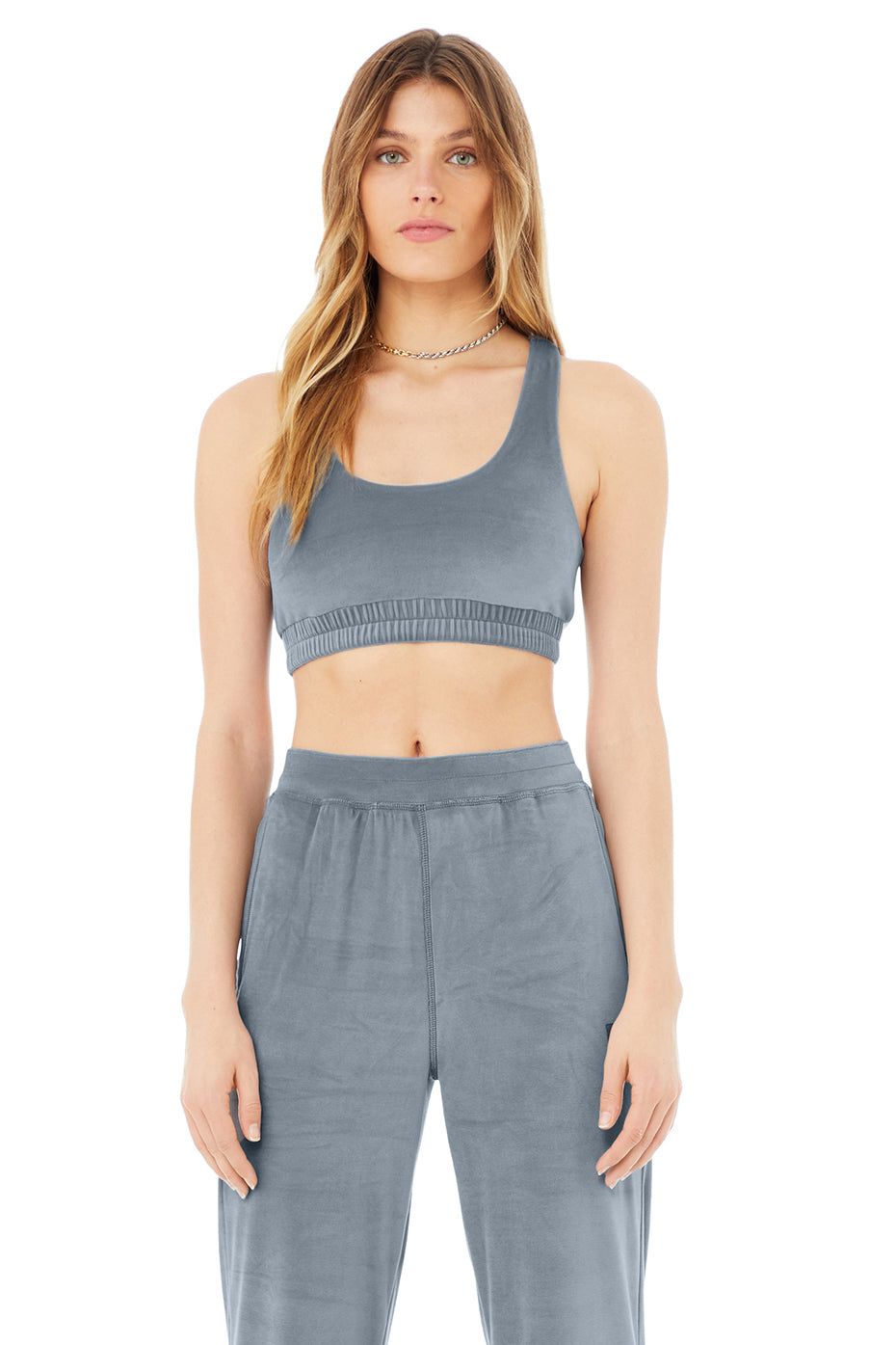 Velour Glimmer Scoop Neck Bra - Steel Blue sold by Alo Yoga