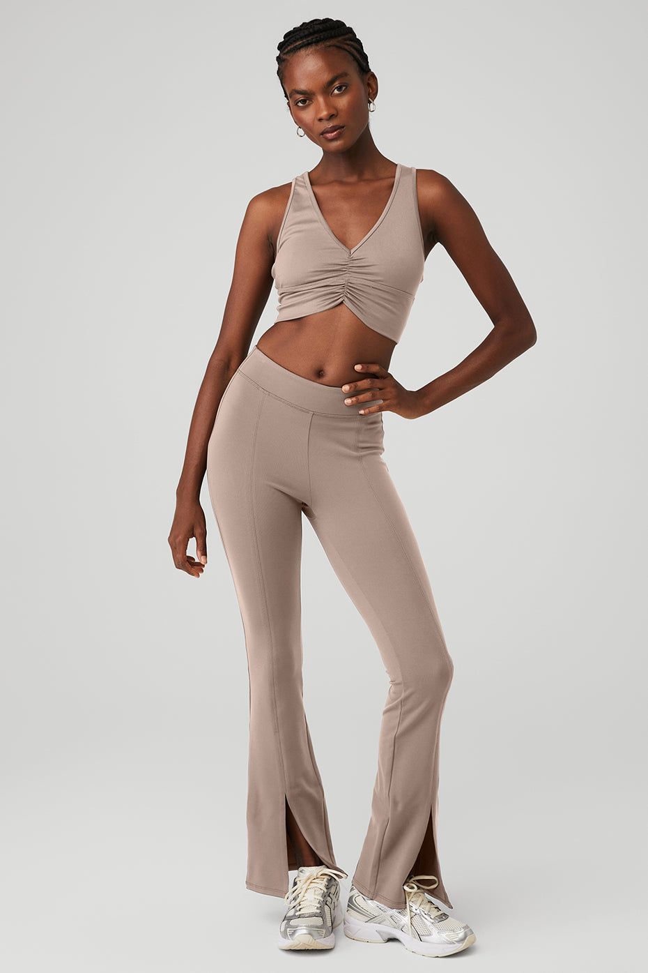 Wild Thing Bra & Airbrush High-Waist 7/8 Flutter Legging Set - Taupe sold by Alo Yoga