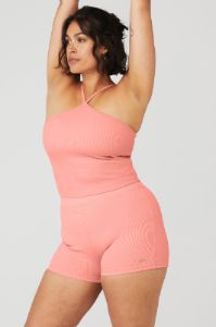 Goddess Ribbed Cross Crop Top - Strawberry Lemonade sold by Alo Yoga