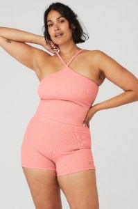 Goddess Ribbed Cross Crop Top - Strawberry Lemonade sold by Alo Yoga