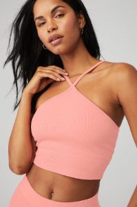Goddess Ribbed Cross Crop Top - Strawberry Lemonade sold by Alo Yoga