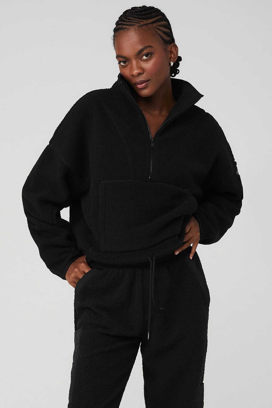 Micro Sherpa Cozy Cabin Half Zip Pullover - Black sold by Alo Yoga