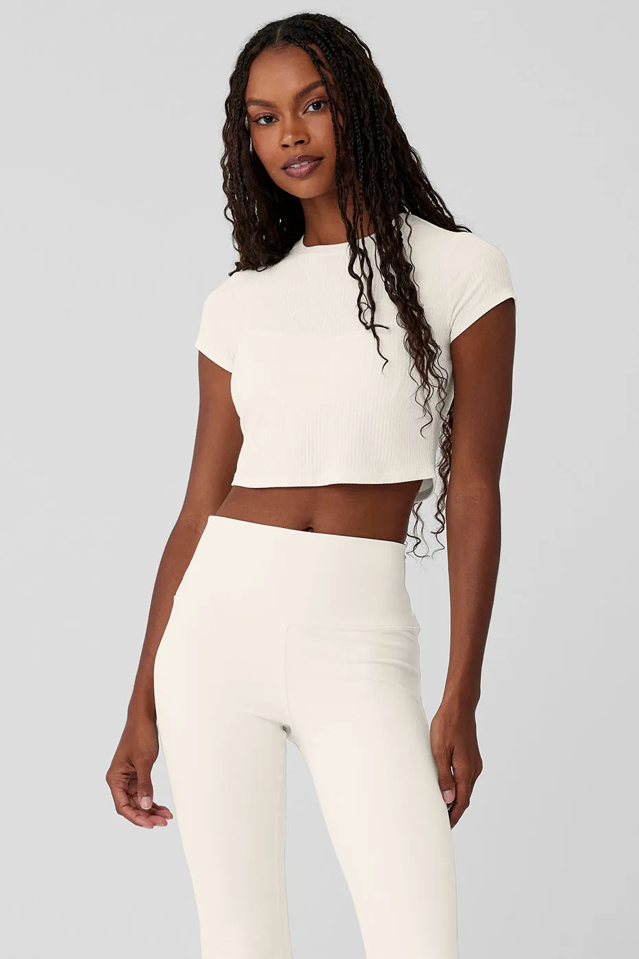 Ribbed Sea Coast Cropped Short Sleeve Tee - Ivory sold by Alo Yoga
