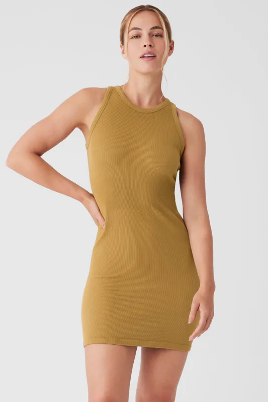 Seamless Ribbed Warm Nights Dress - Golden Olive Branch sold by Alo Yoga