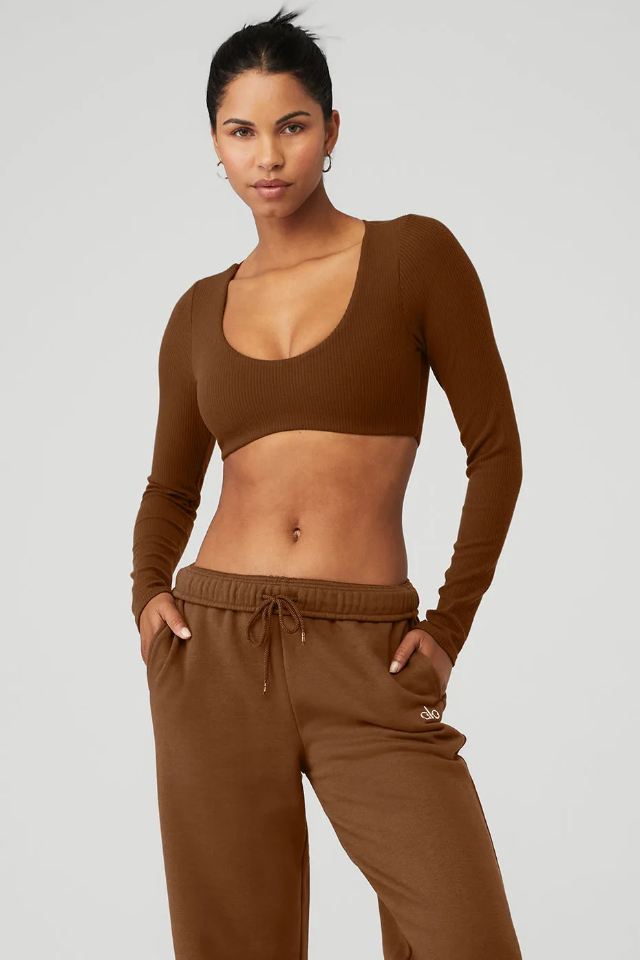 Ribbed Defined Long Sleeve Bra - Cinnamon Brown sold by Alo Yoga