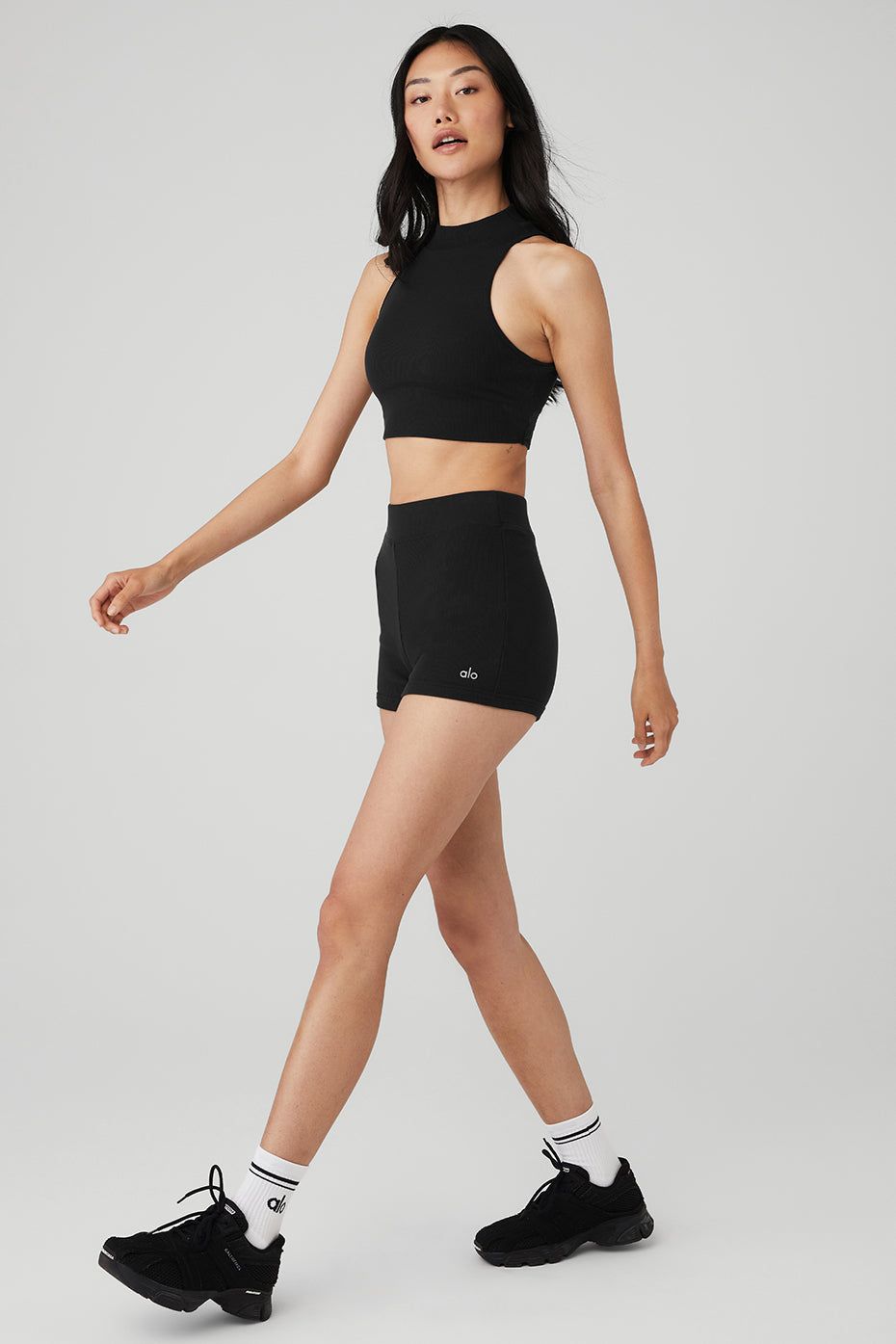 Goddess Rib Cropped Dynamite Tank & Goddess Ribbed High-Waist Hot Short Set - Black sold by Alo Yoga product image thumbnail 2