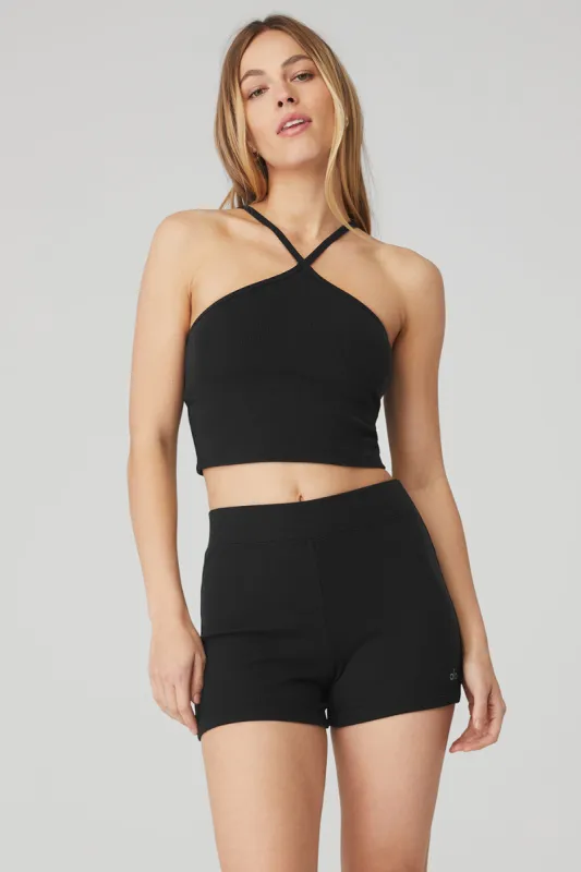 Goddess Ribbed Cross Crop Top - Black sold by Alo Yoga