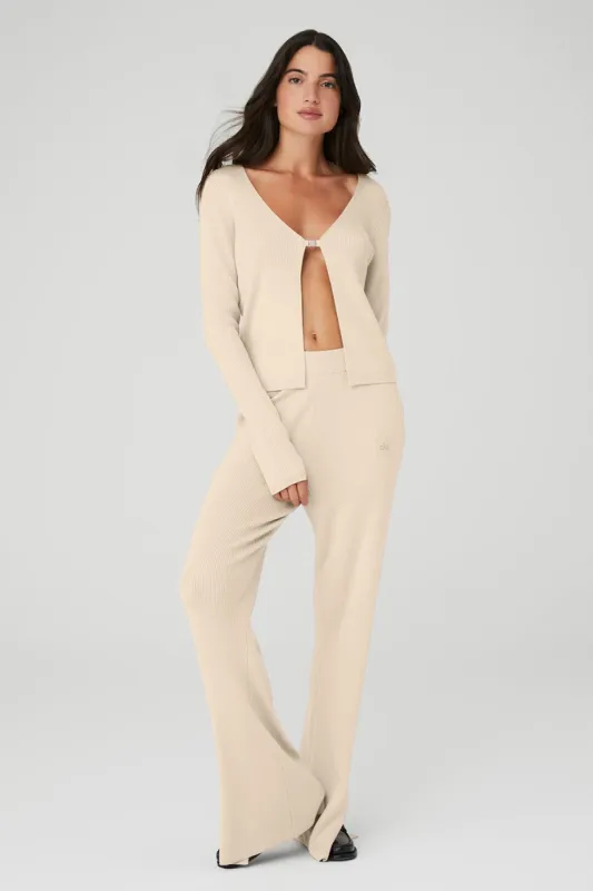 Knit Salana Cardigan & Knit High-Waist Salana Wide Leg Pant Set - Macadamia sold by Alo Yoga