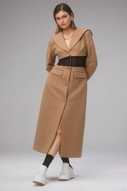 Winter Wool Vendome Long Corset Coat - Toasted Almond/Black sold by Alo Yoga