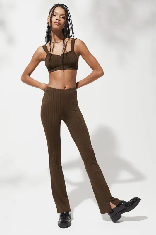 Pinstripe Jacquard Captivate Bra & High-Waist Pinstripe Zip It Flare Legging Set - Espresso/Black sold by Alo Yoga