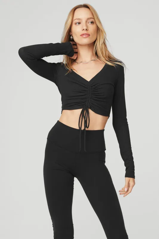 Ribbed Cinch Cropped Long Sleeve - Black sold by Alo Yoga