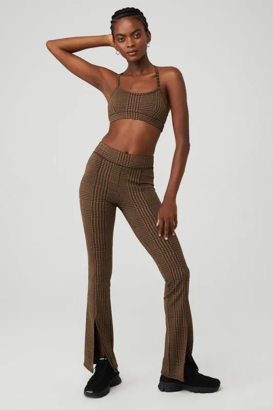 Jacquard Glenplaid Gratitude Bra & Jacquard High-Waist Glenplaid Flutter Legging Set - Cinnamon Brown/Black sold by Alo Yoga