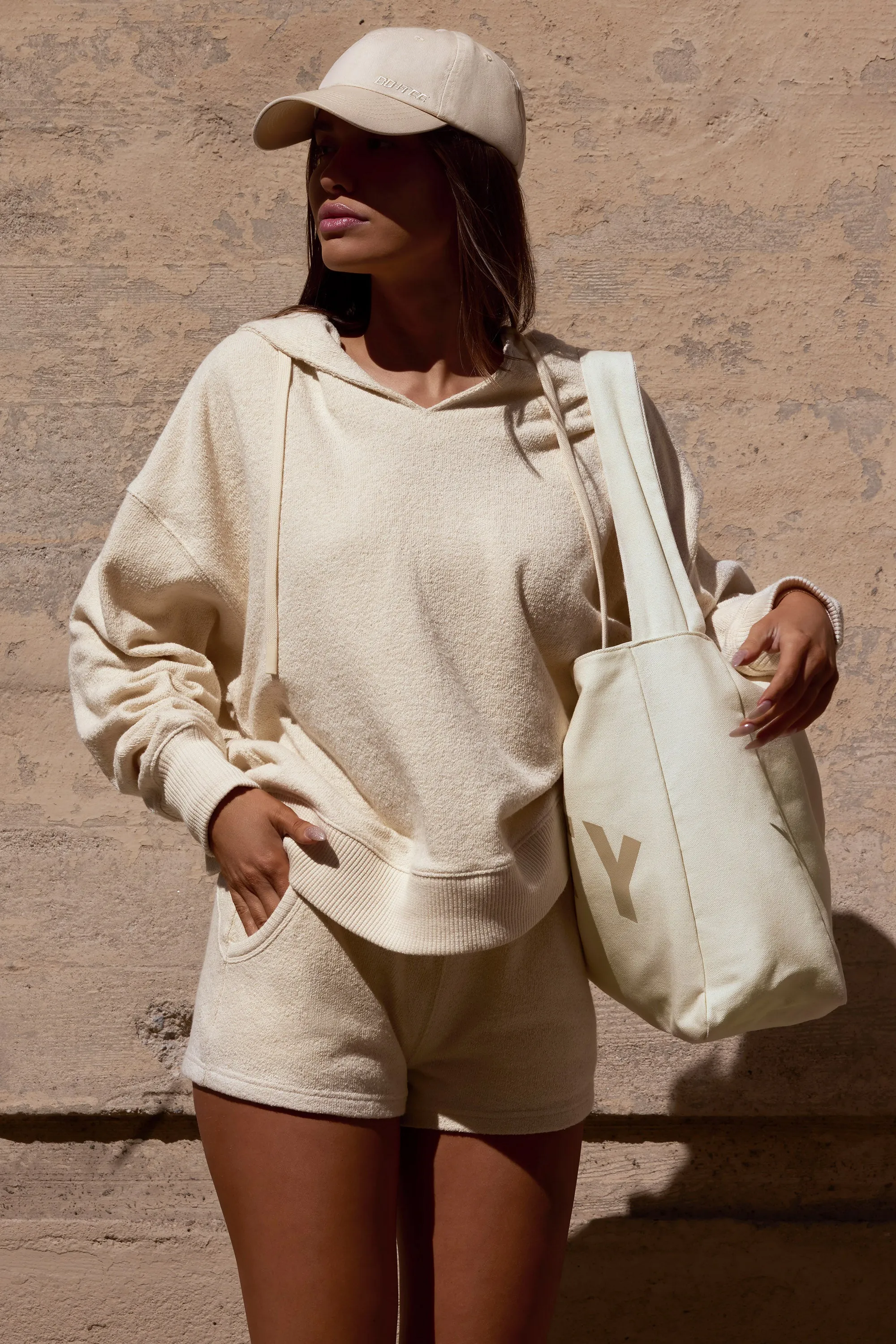 Terry Towelling V-Neck Hoodie in Cream sold by Bo + Tee