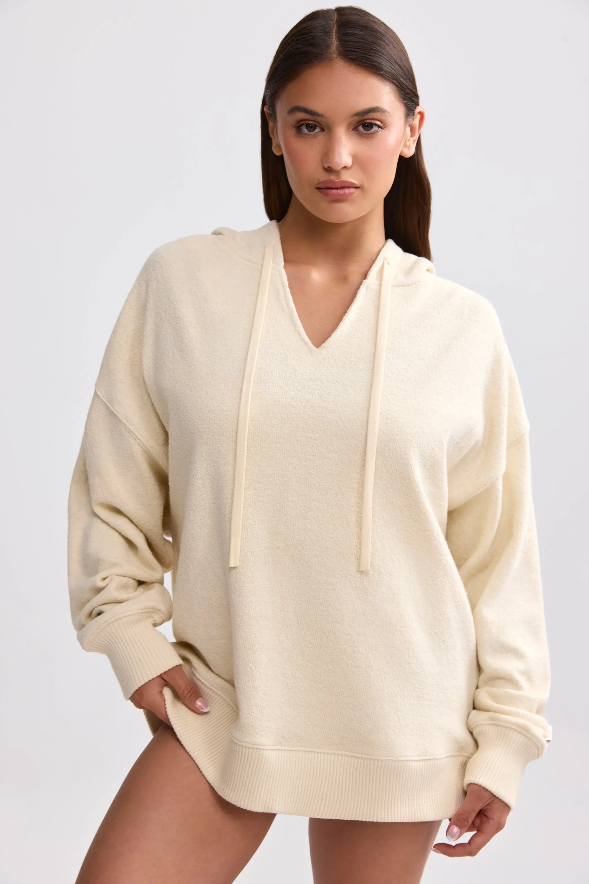 Terry Towelling V-Neck Hoodie in Cream sold by Bo + Tee product image thumbnail 5