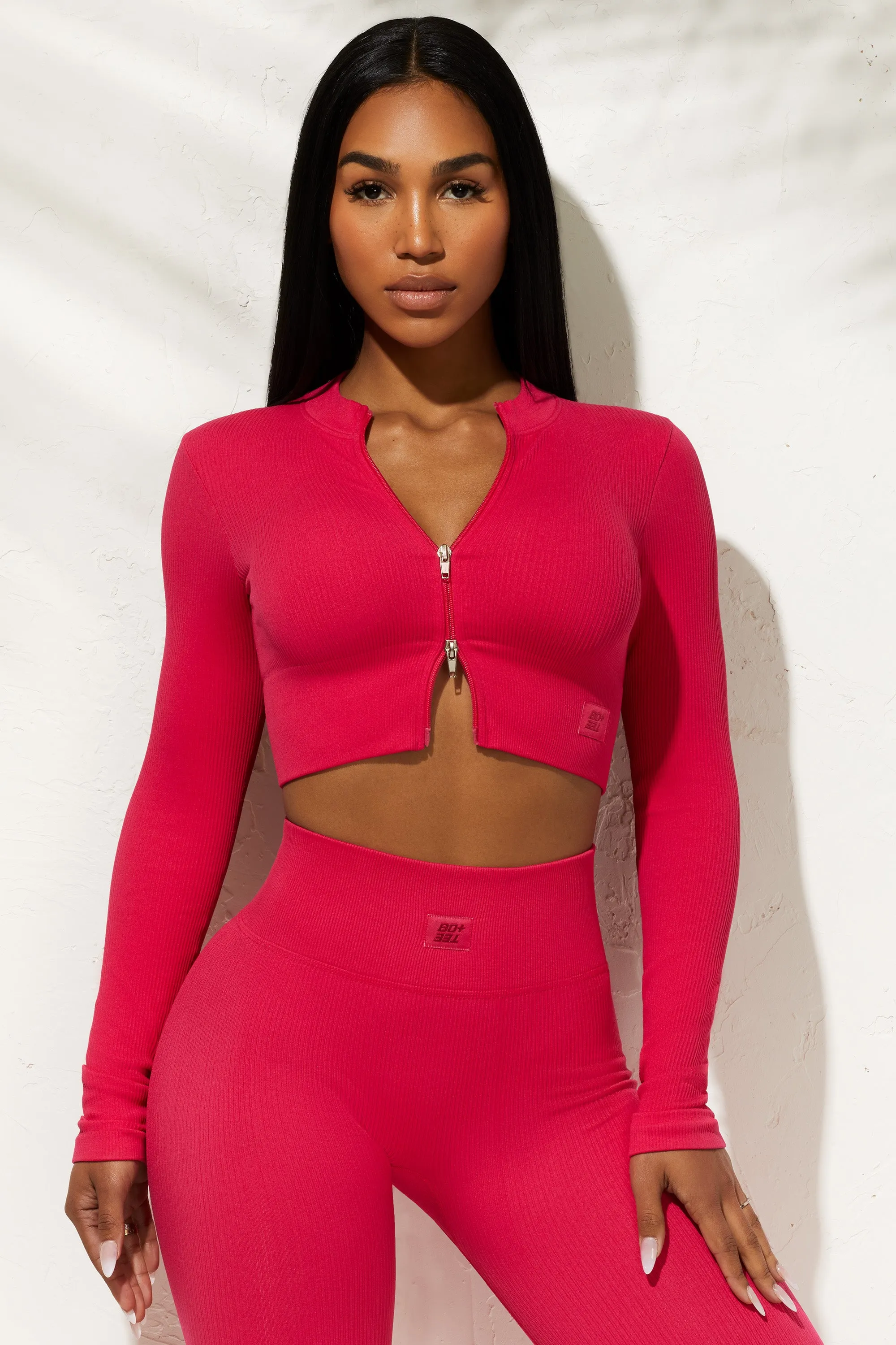 All The Way - Long Sleeve Zip Crop Top in Hot Pink sold by Bo + Tee