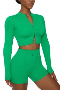 All The Way - Long Sleeve Zip Crop Top in Green sold by Bo + Tee