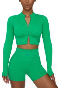 All The Way - Long Sleeve Zip Crop Top in Green sold by Bo + Tee