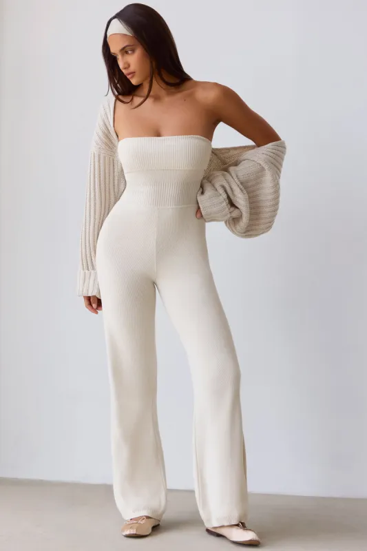 Petite Bandeau Kick Flare Chunky Knit Jumpsuit in Cream sold by Bo + Tee