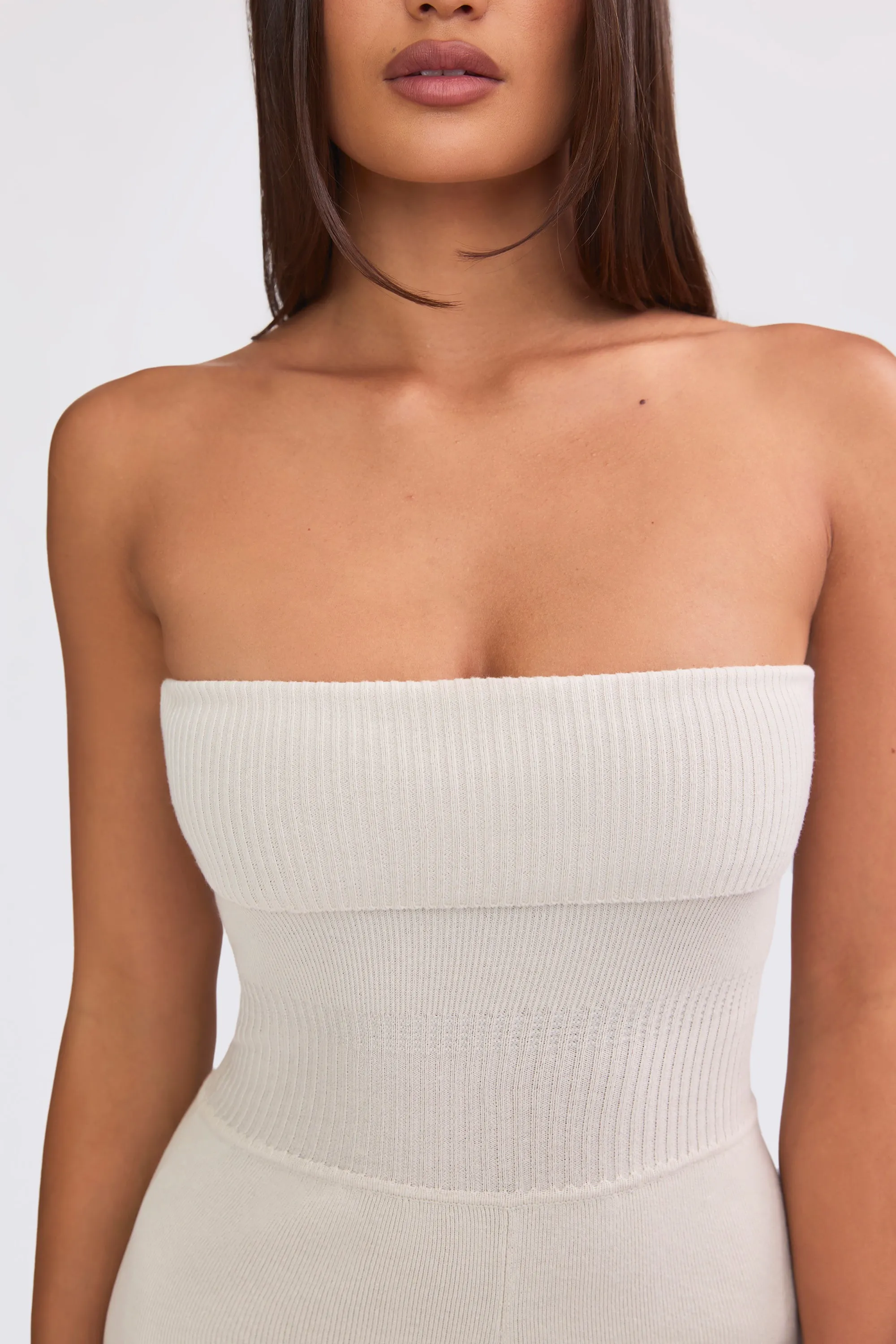 Petite Bandeau Kick Flare Chunky Knit Jumpsuit in Cream sold by Bo + Tee product image thumbnail 4