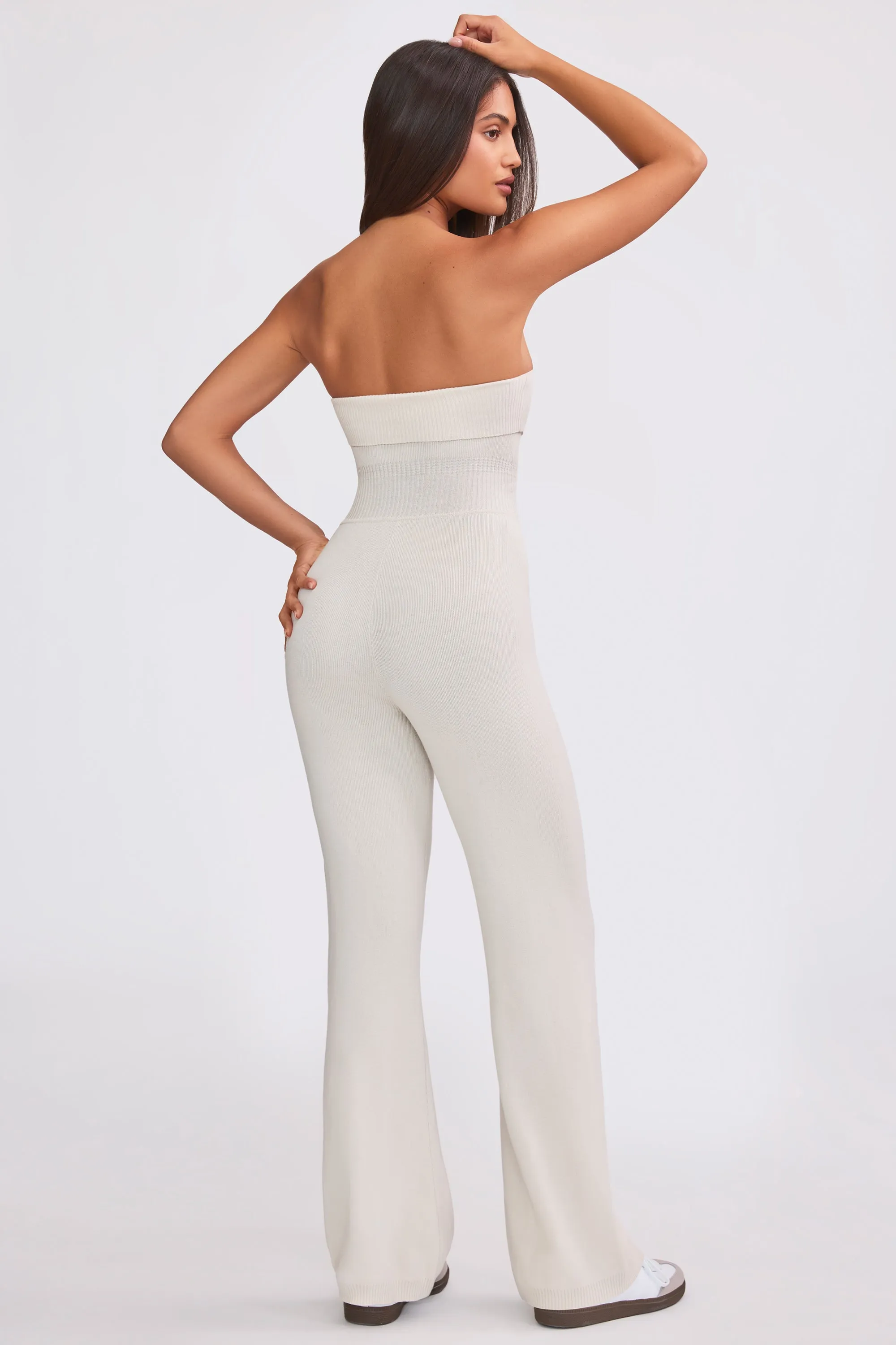 Petite Bandeau Kick Flare Chunky Knit Jumpsuit in Cream sold by Bo + Tee product image thumbnail 3