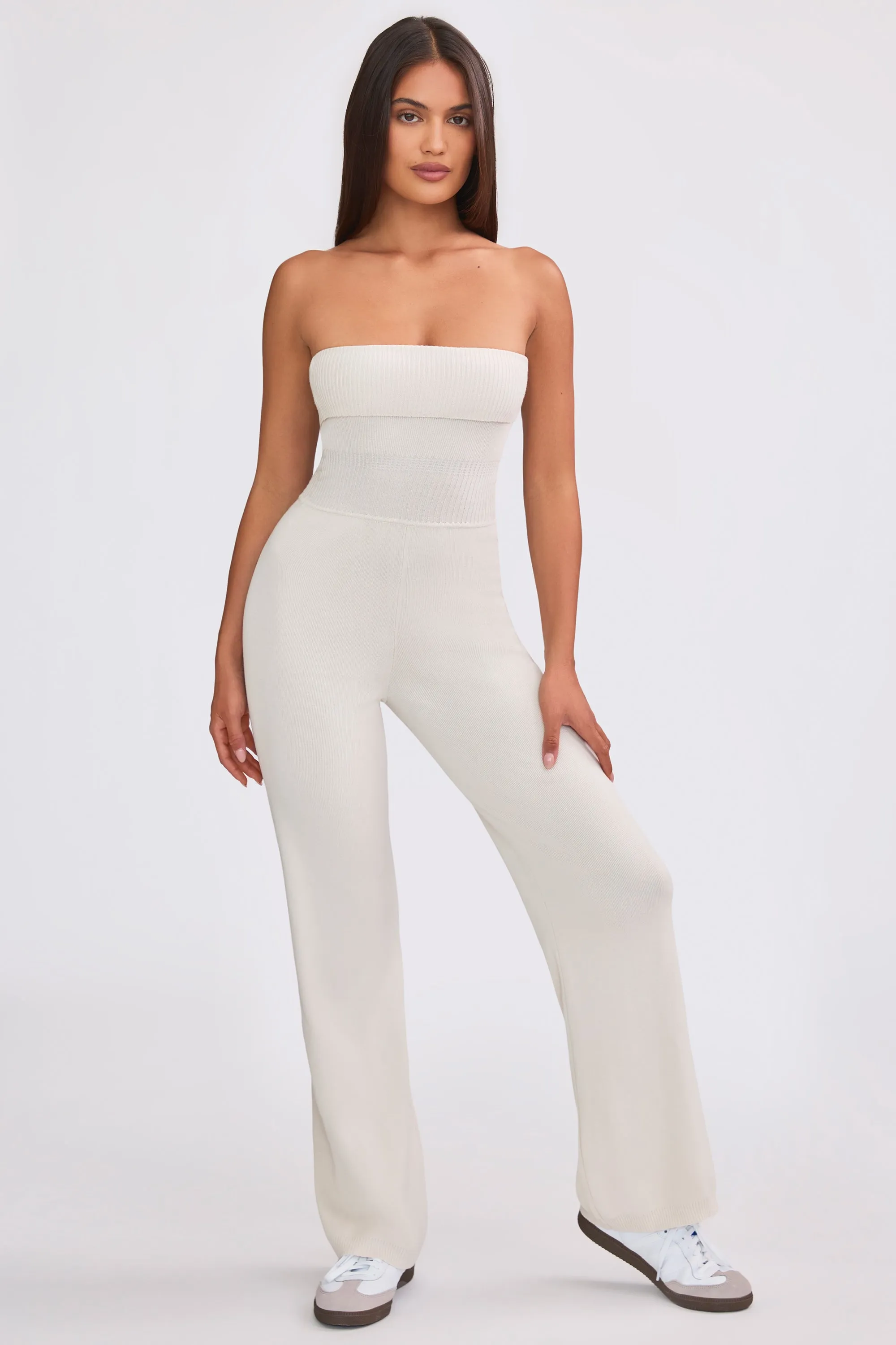 Chunky Knit Bandeau Kick Flare Jumpsuit in Cream sold by Bo + Tee product image thumbnail 5