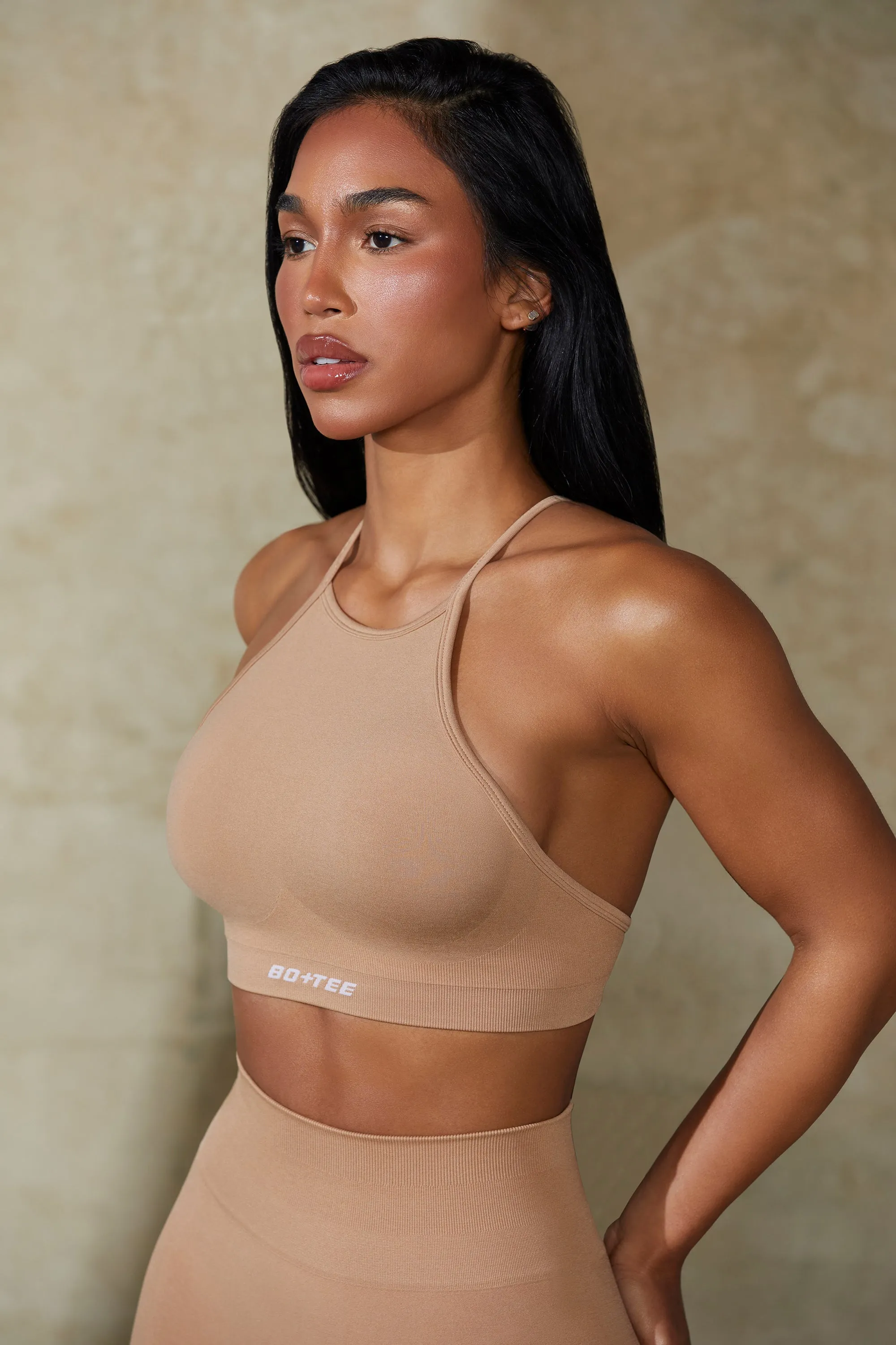 High Neck Open Back Define Luxe Sports Bra in Warm Taupe sold by Bo + Tee product image thumbnail 2