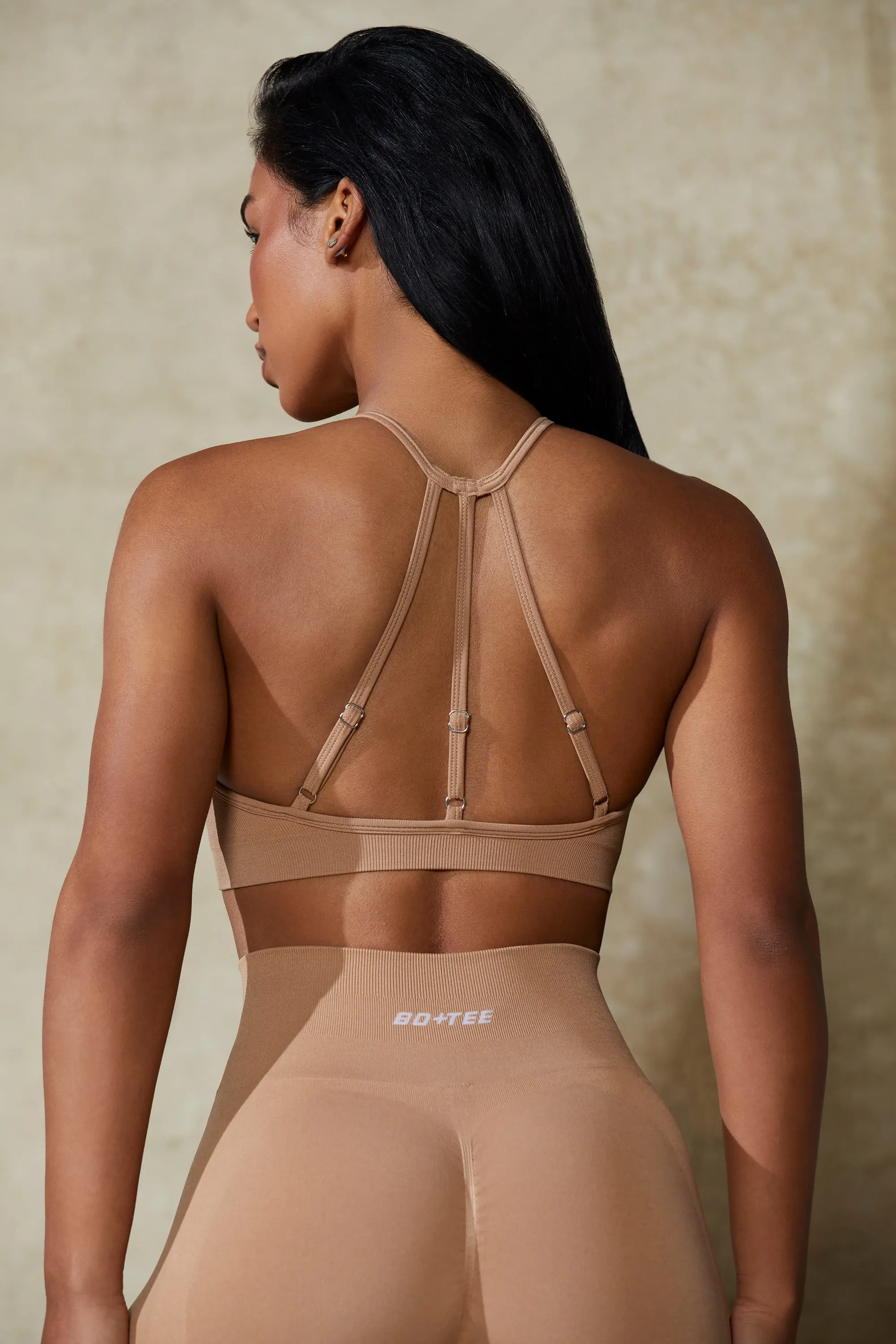 High Neck Open Back Define Luxe Sports Bra in Warm Taupe sold by Bo + Tee product image thumbnail 4