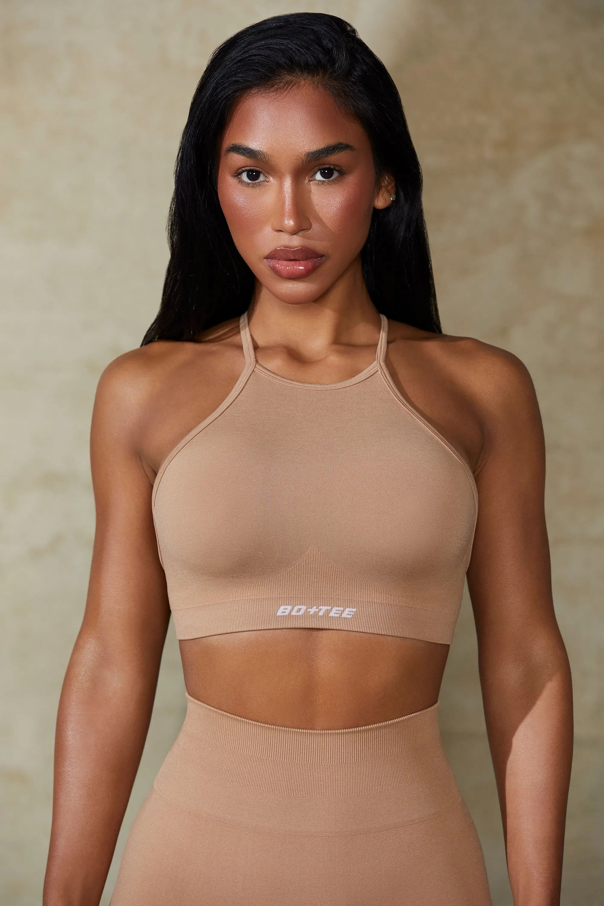 High Neck Open Back Define Luxe Sports Bra in Warm Taupe sold by Bo + Tee product image thumbnail 5