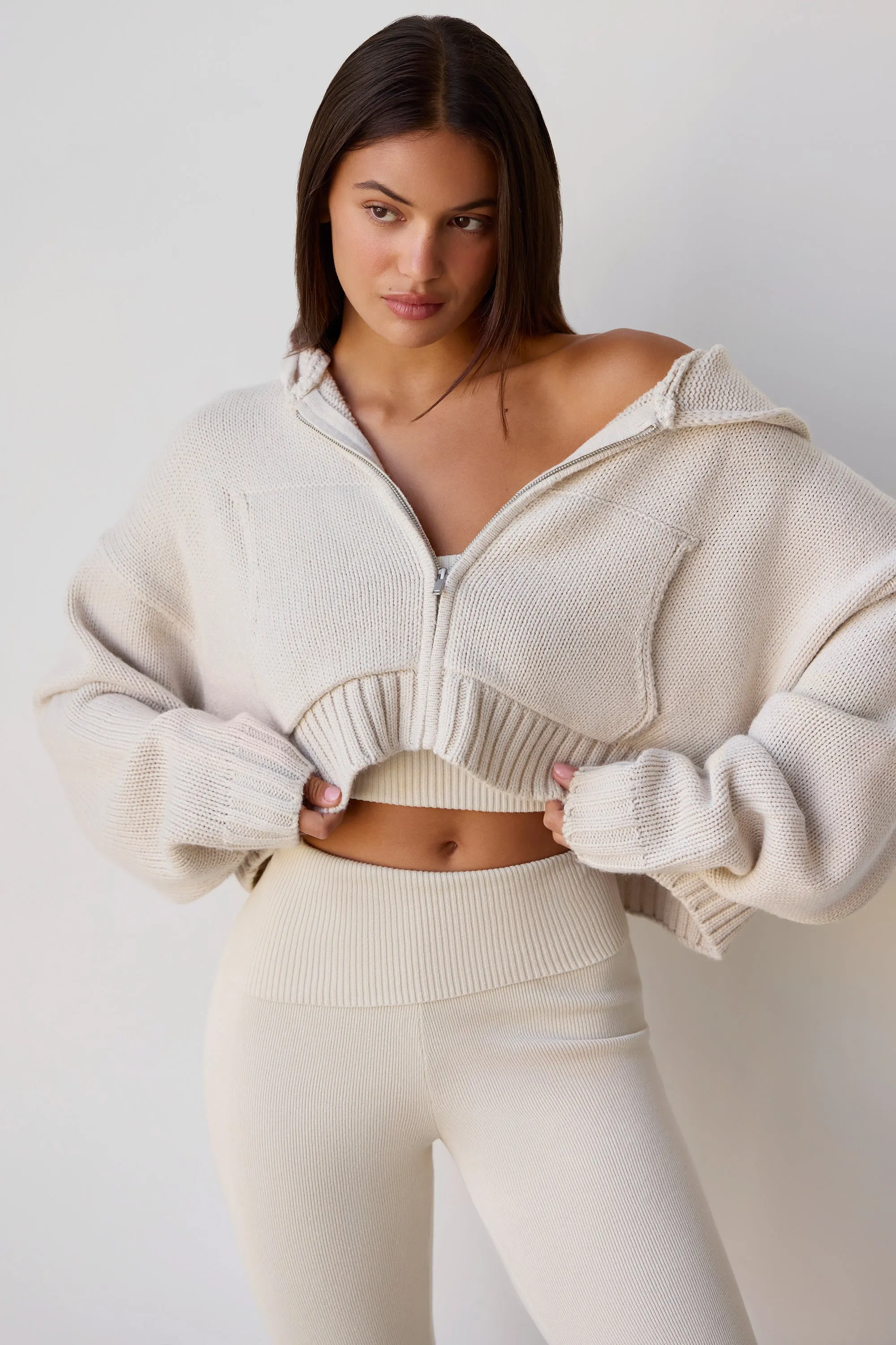 Cropped Zip-Up Chunky Knit Hoodie in Cream sold by Bo + Tee