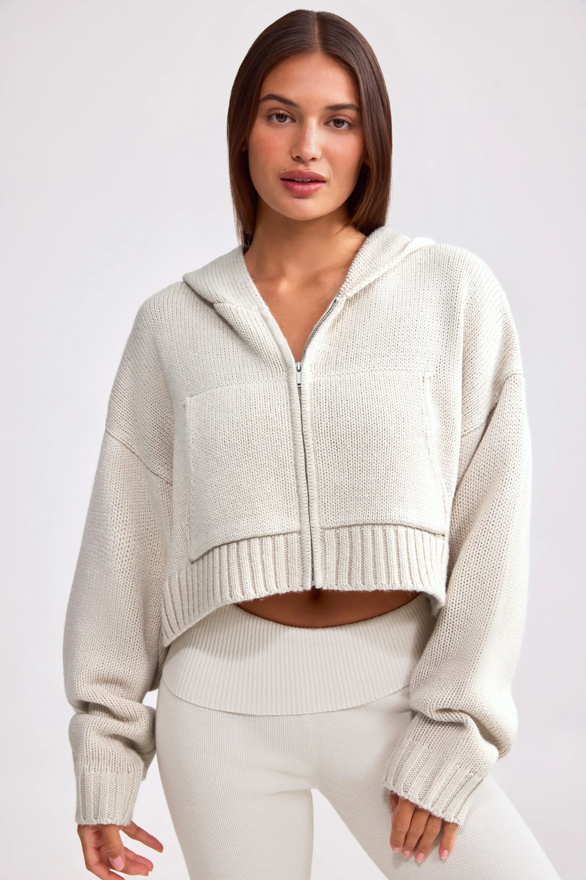 Cropped Zip-Up Chunky Knit Hoodie in Cream sold by Bo + Tee product image thumbnail 5