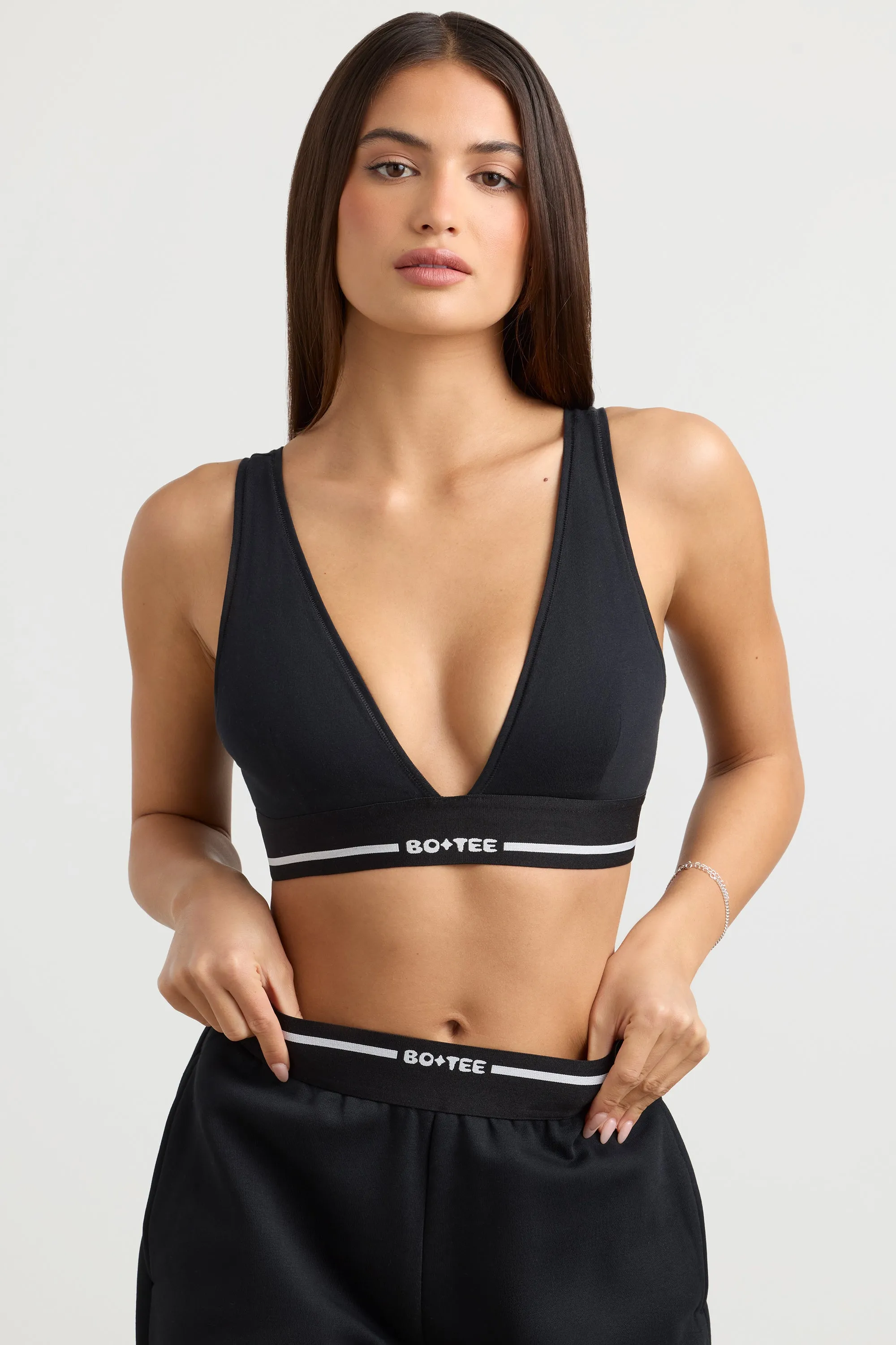Stretch Cotton Jersey Plunge-Neck Crop Top in Black sold by Bo + Tee