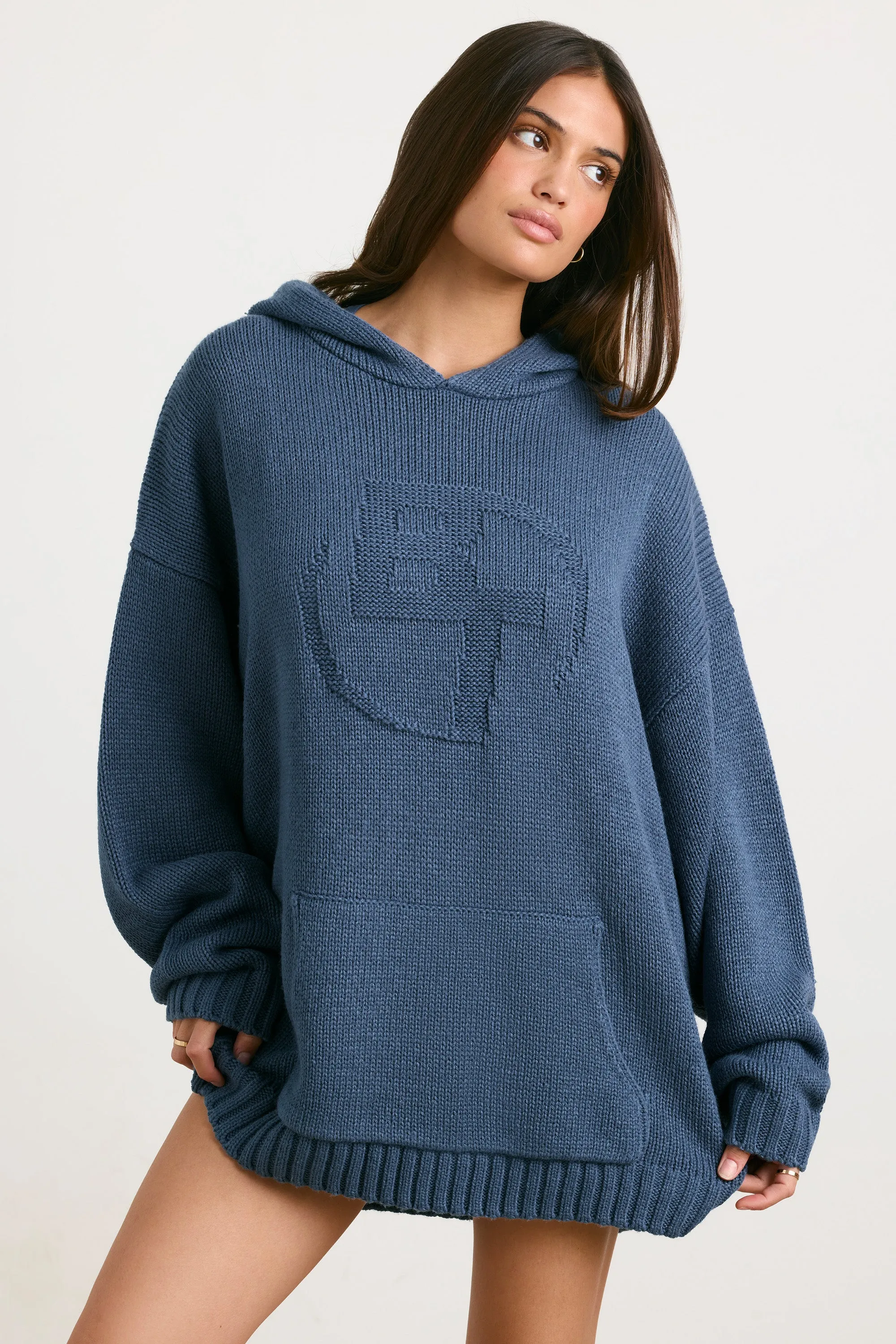 Oversized Chunky Knit Hoodie in Washed Navy sold by Bo + Tee