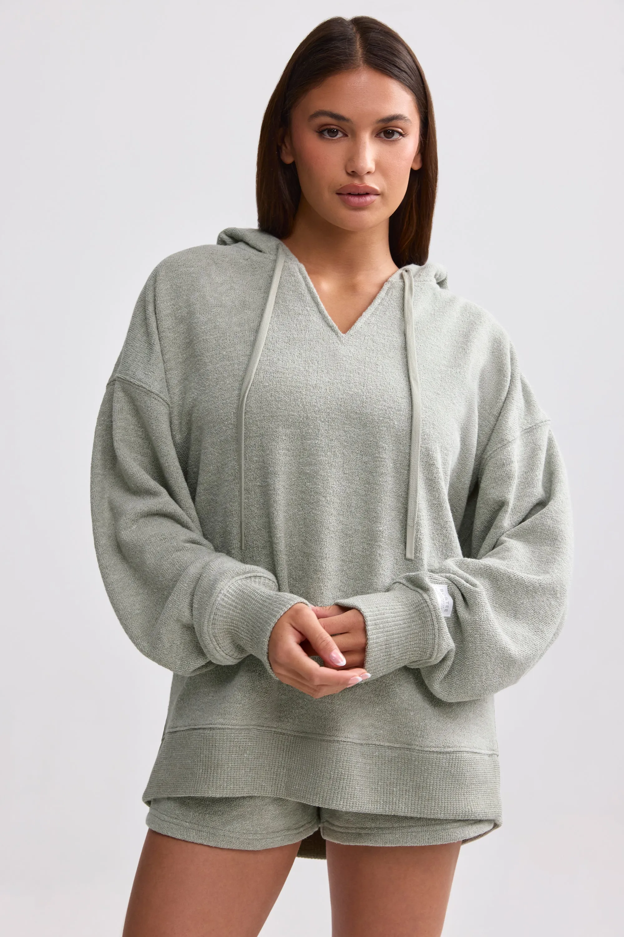 Terry Towelling V-Neck Hoodie in Sage Grey sold by Bo + Tee product image thumbnail 5