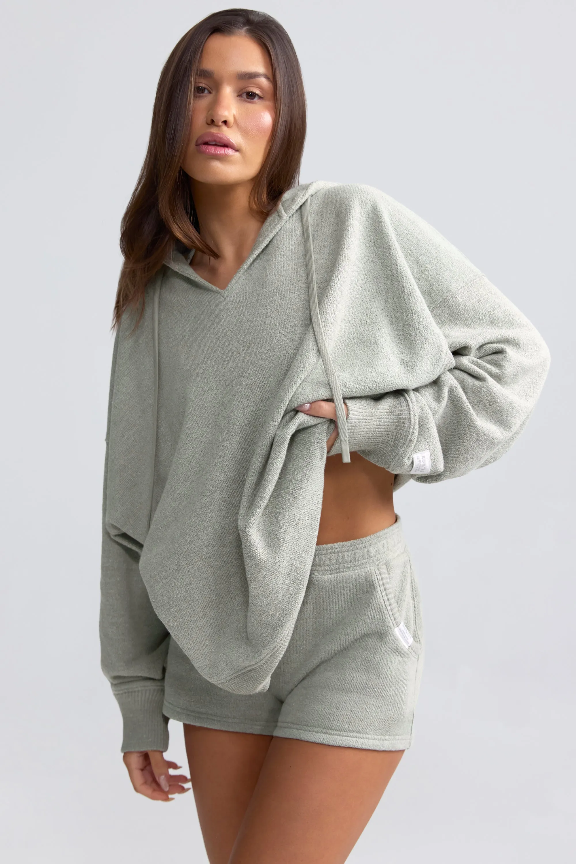 Terry Towelling V-Neck Hoodie in Sage Grey sold by Bo + Tee